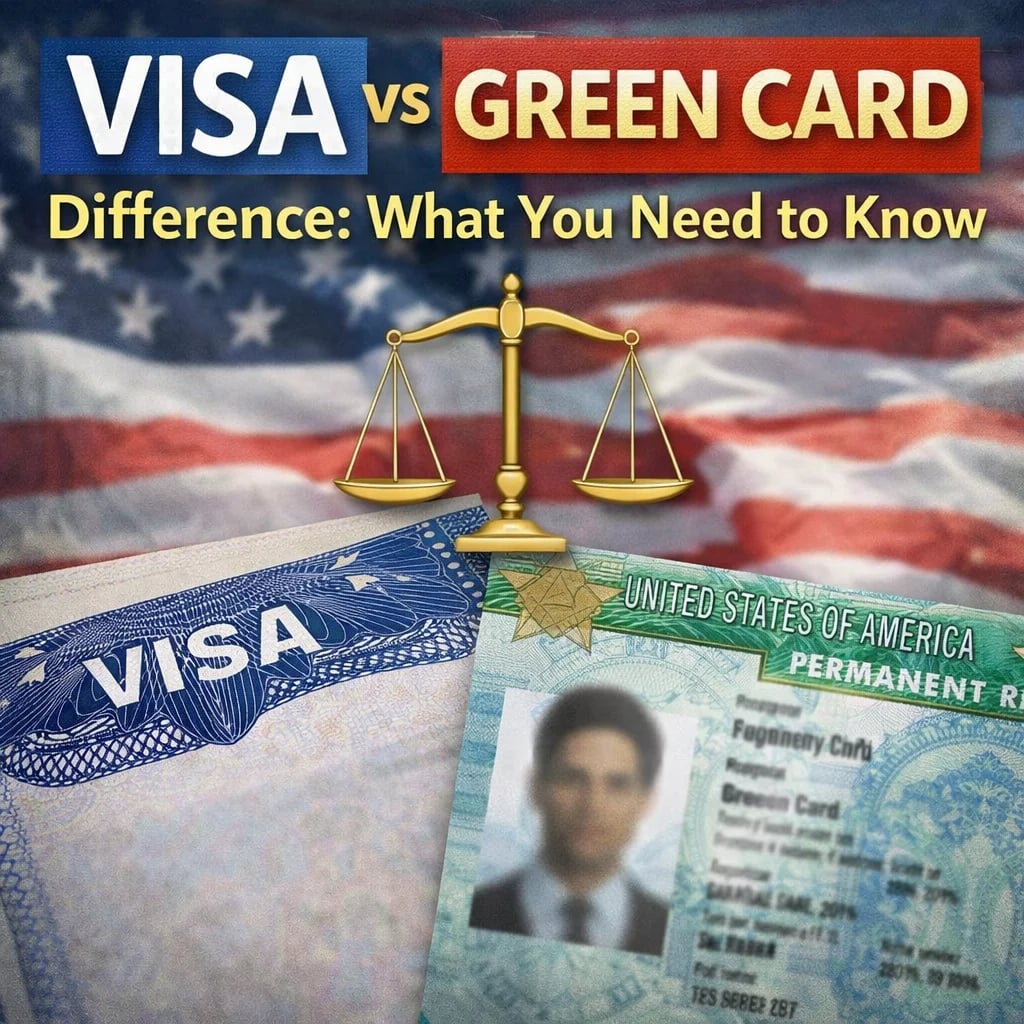Visa vs Green Card Difference: What You Need to Know - Confused about visas and green cards? Learn the key differences, including work authorization, residency rights, and possible paths to citizenship.